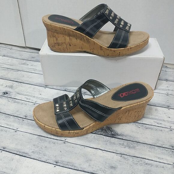 Bongo Platform Wedge Heel Sandals Size7.5, Black Studded Straps, Slip-on - Picture 2 of 8